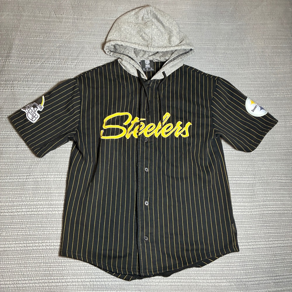 NFL Pittsburgh Steelers Hooded Baseball Jersey Mens Small Black Pinstripe 33
